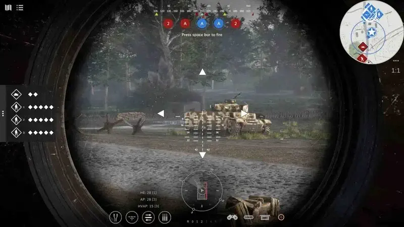 Người chơi Sherman Commander sử dụng ống ngắm xe tăng chuyên dụng để khóa mục tiêu kẻ địch, chuẩn bị khai hỏa bằng đạn xuyên giáp (AP) trong trận đấu kịch tính.