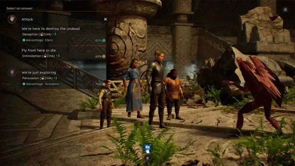 Người chơi đang lựa chọn hội thoại tương tác (Deception, Intimidation, Persuasion) với sinh vật lạ trong Solasta II để tránh xung đột hoặc tìm lợi thế.