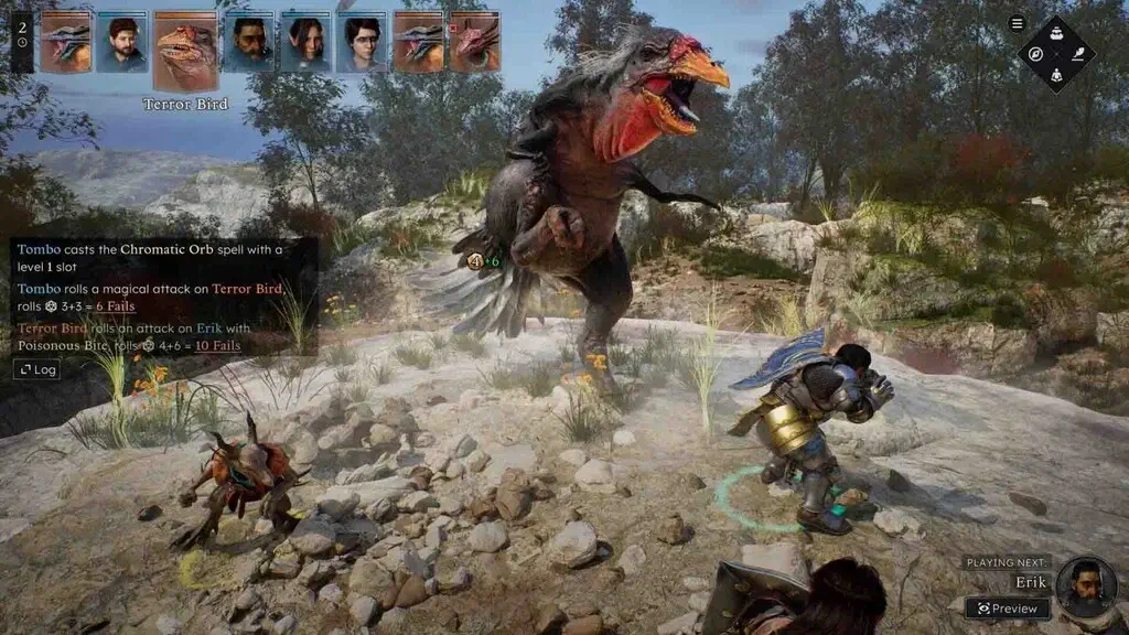 Trận chiến kịch tính giữa nhân vật Tombo và quái vật Terror Bird, hiển thị nhật ký chiến đấu (combat log) và việc sử dụng phép thuật Chromatic Orb trong Solasta II.