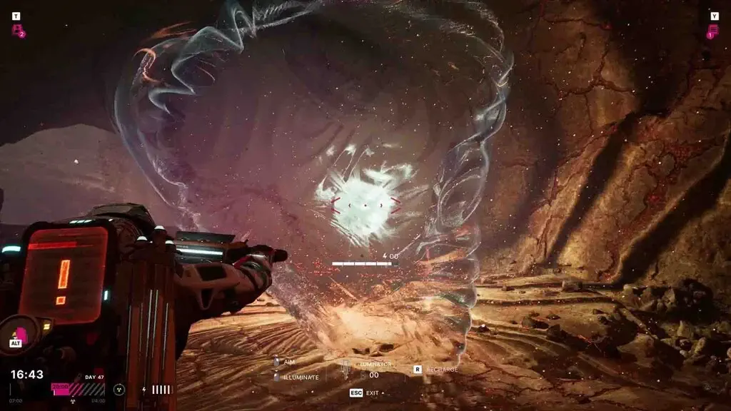 Người chơi sử dụng thiết bị Luminator để tương tác với các dị vật trong môi trường giả tưởng của game The Alters.