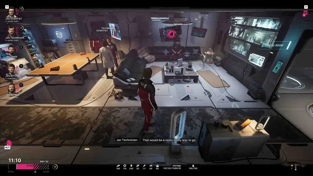 Góc nhìn từ căn cứ trong The Alters, nơi người chơi quản lý đội ngũ nhân vật, tài nguyên và tương tác xã hội giữa các phiên bản.