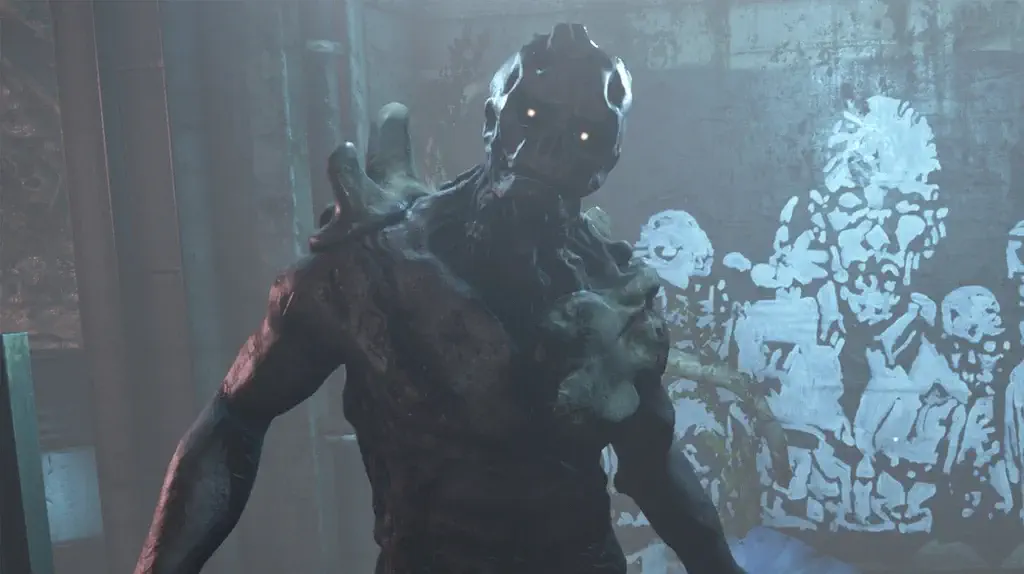 Cận cảnh quái vật biến dị Goren trong Total Chaos với đôi mắt phát sáng rực rỡ trong sương mù.