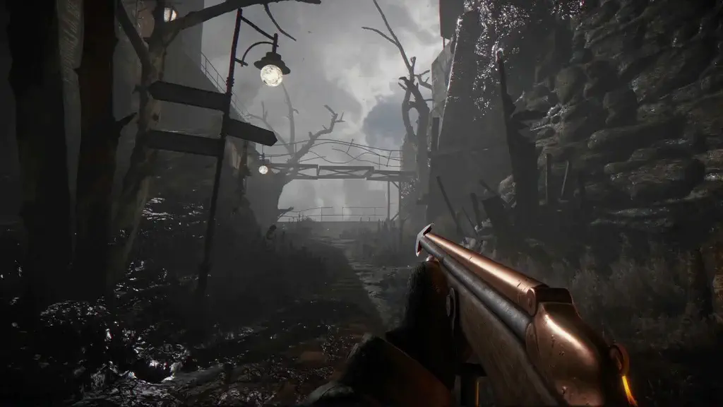 Nhân vật cầm súng shotgun hai nòng góc nhìn thứ nhất (FPS) khám phá con đường hoang tàn trong Total Chaos.