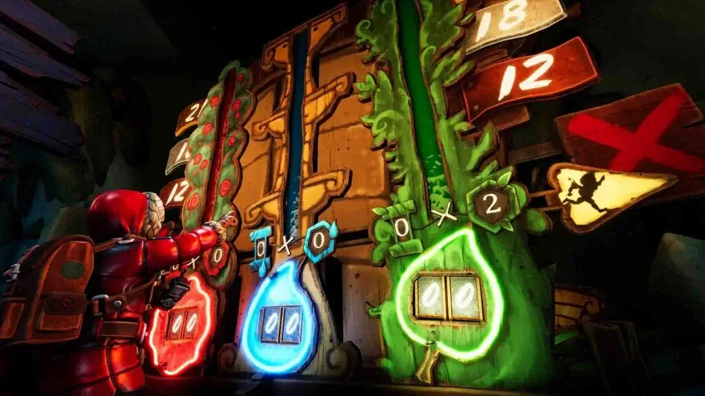 Người chơi áo đỏ giải câu đố bảng số We Were Here Expeditions