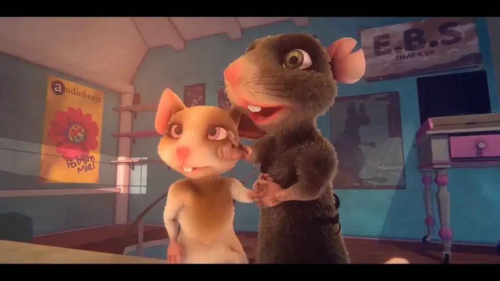 Hai chú chuột dễ thương đang đứng cạnh nhau và tương tác trong một căn phòng mờ ảo của A Rats Quest: The Way Back Home.