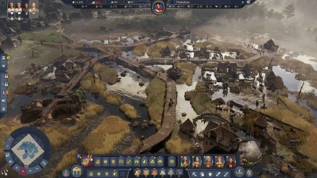 Kiến trúc nhà ở và hệ thống cầu gỗ tại vùng đầm lầy trong game Anno 117: Pax Romana.