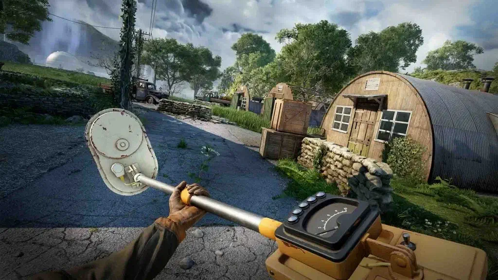 Nhân vật chính sử dụng thiết bị dò tìm Atomfall tại khu trại quân sự tàn tích.