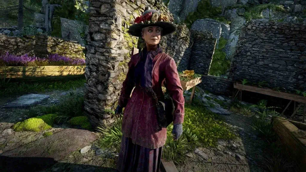 Nhân vật NPC Atomfall là một phụ nữ lớn tuổi mặc trang phục cổ điển giữa tàn tích đá.