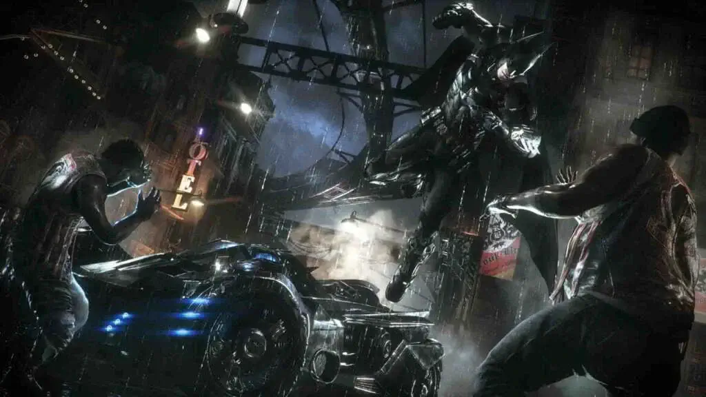 Batman lái Batmobile trong đường hầm trong Batman: Arkham Knight
