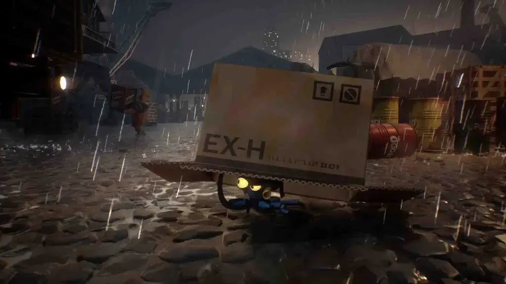 Darwin’s Paradox gameplay nhân vật bạch tuộc ẩn nấp dưới thùng carton trong mưa