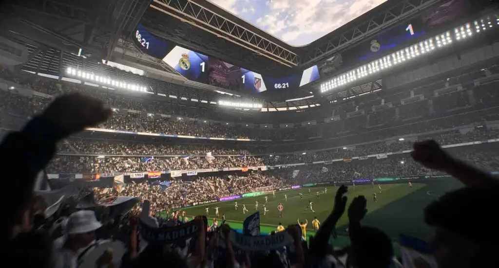 EA SPORTS FC 26 gameplay không khí cuồng nhiệt trên sân vận động Santiago Bernabéu