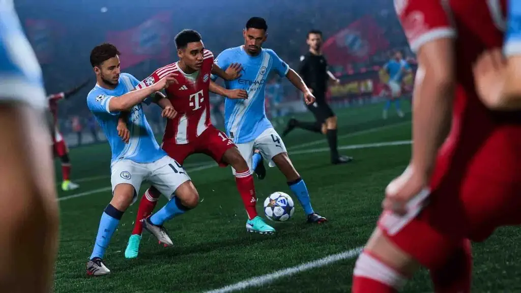EA SPORTS FC 26 gameplay pha tranh bóng kịch tính giữa Musiala và Man City