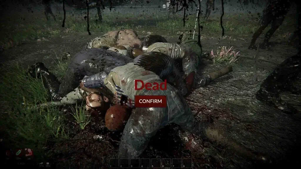 Màn hình Game Over hiển thị thông báo Dead và nút Confirm trên đống xác trong game Human Host.