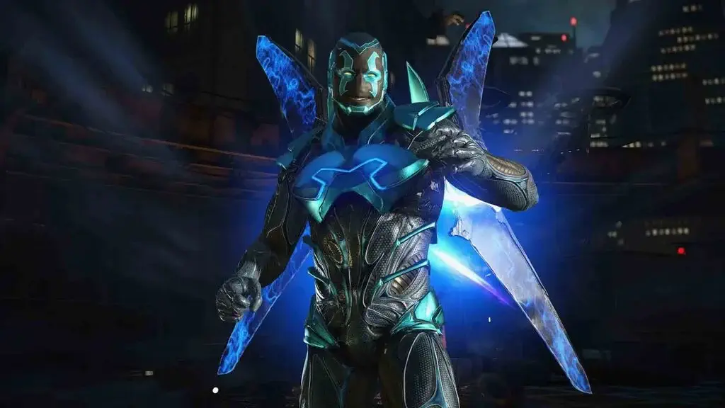 Blue Beetle trong trang phục giáp xanh dương và đen với đôi cánh năng lượng rực rỡ trong game INJUSTICE 2 Việt Hóa.