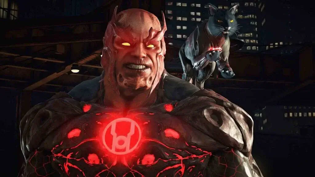 Chân dung Atrocitus với biểu tượng Red Lantern sáng rực trên ngực và nụ cười đáng sợ trong INJUSTICE 2 Việt Hóa.