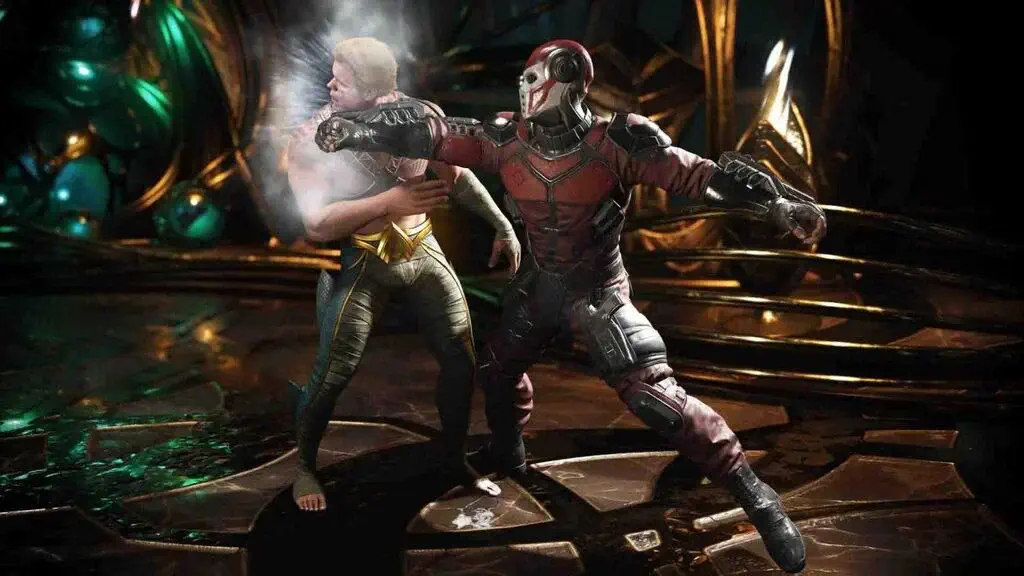 Deadshot tung một cú đấm sấm sét vào Aquaman trong cảnh gameplay hành động của INJUSTICE 2 Việt Hóa.