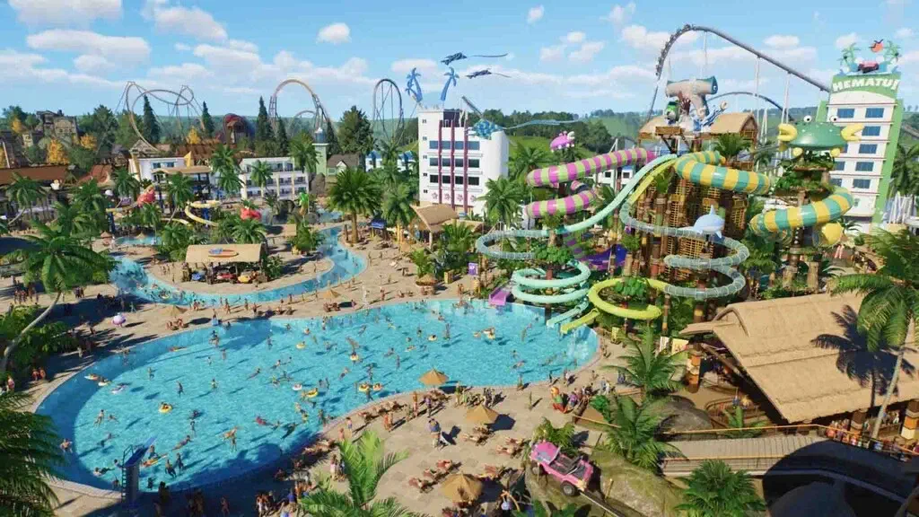 Gameplay công viên nước rực rỡ và nhộn nhịp trong phiên bản Planet Coaster 2.