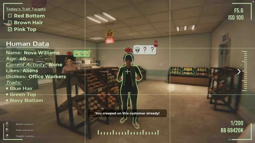 Giao diện quét dữ liệu sinh trắc học và phân tích khách hàng trong game Roadside Research.