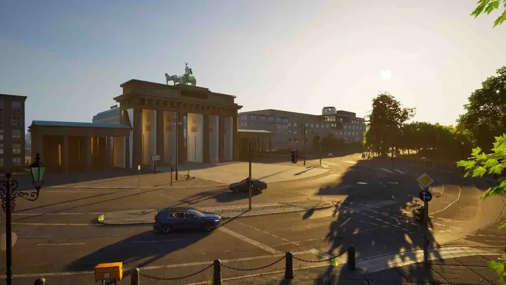 Cổng Brandenburg Berlin tái hiện chi tiết dưới ánh hoàng hôn trong game mô phỏng The Bus.