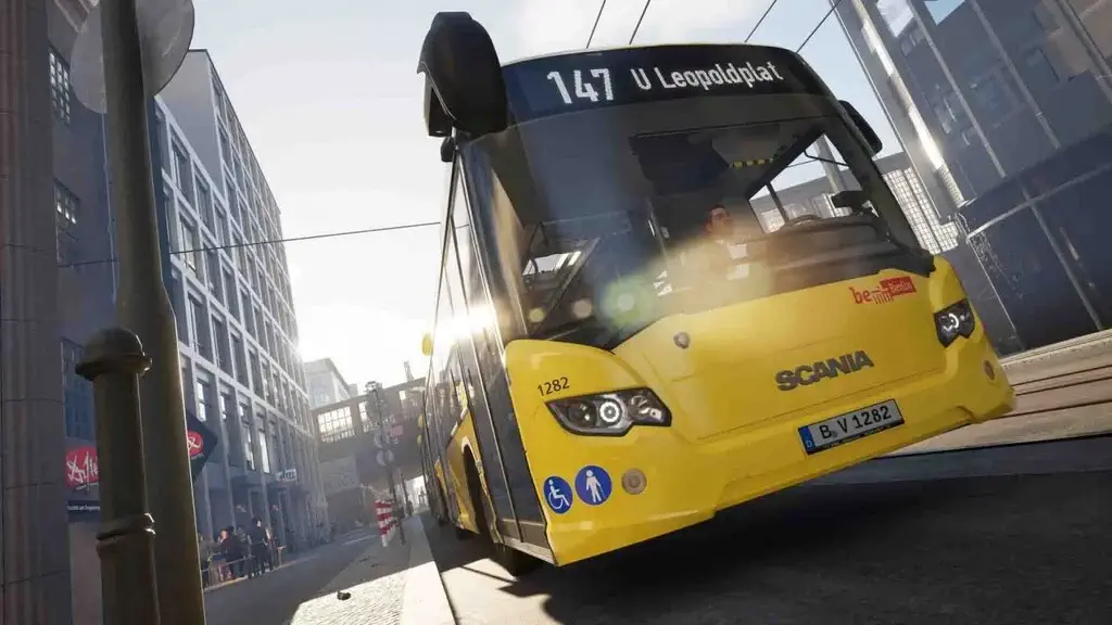Cận cảnh xe buýt Scania màu vàng tuyến 147 trong trò chơi lái xe buýt The Bus.