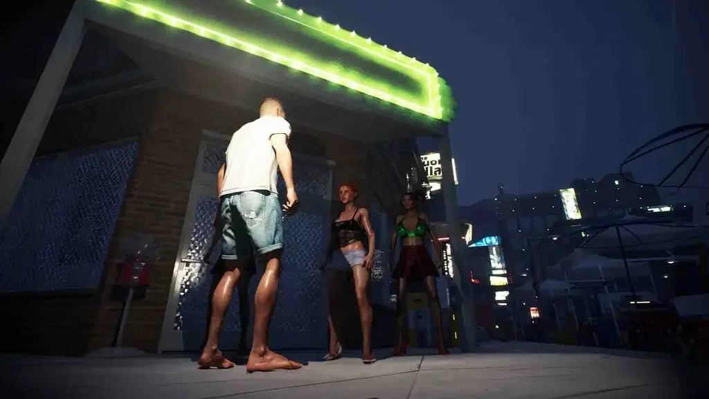 Weed Shop 4 Highland gameplay cảnh đêm nhân vật trước cửa hàng đèn neon xanh