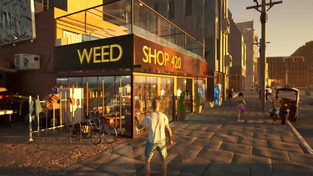 Nhân vật đi đến cửa hàng Weed Shop 420 trong Weed Shop 4 Highland lúc hoàng hôn