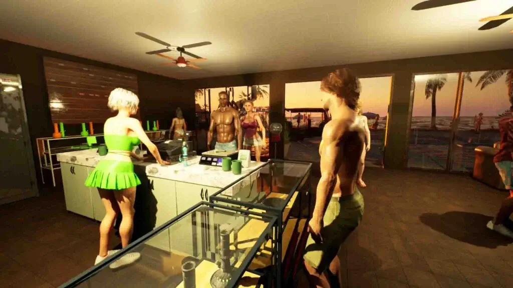 Nội thất bên trong cửa hàng Weed Shop 4 Highland với khách hàng và tủ trưng bày