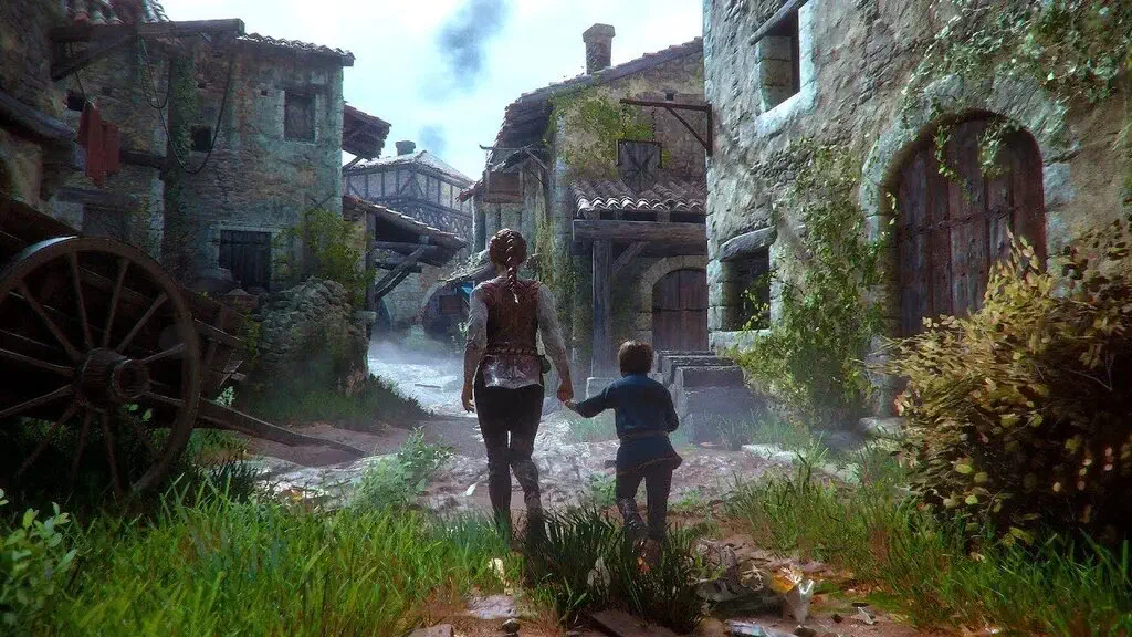 Amicia và Hugo đi giữa cánh đồng hoa trong A Plague Tale Innocence