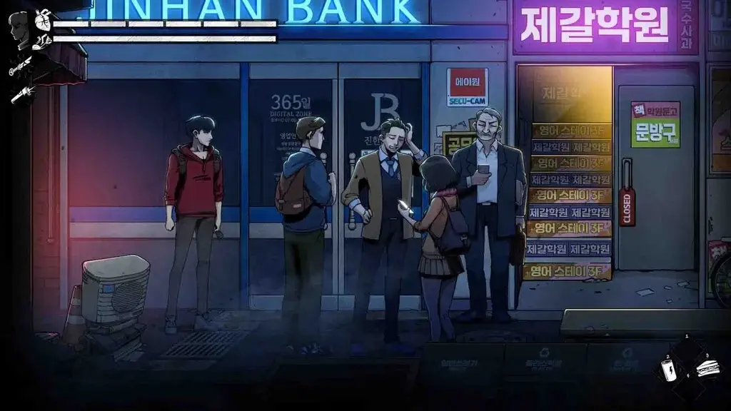 Youngho và nhóm bạn đứng trước Jinhan Bank trong The Coma 3 Bloodlines